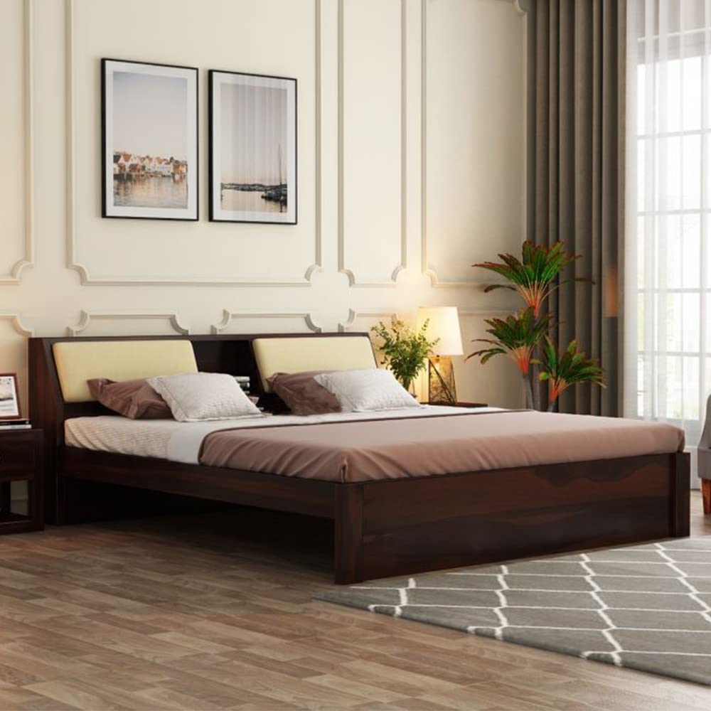 STRATA FURNITURE Sheesham Wood Queen Size Double Bed Without Storage Wooden Palang Cot for Bedroom Living Room Furniture (Walnut Finish)