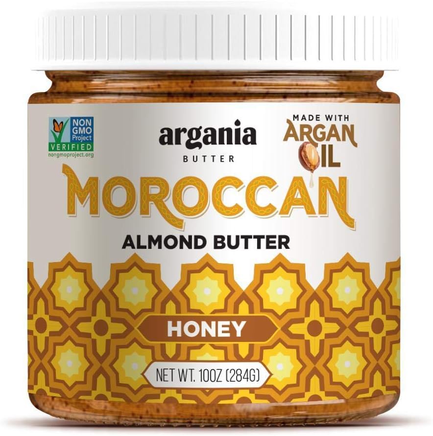 Argania Butter Honey Almond Butter With Superfood Organic Edible Argan Oil - No Gluten , Kosher, Non GMO, No Palm Oil, No Dairy, No Peanuts, Keto Friendly, Low Carb. 10 Ounces