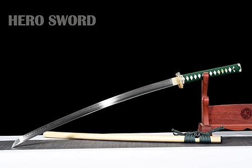 Miniatura 6 de HERO SWORD Katana templada de arcilla hecha a mano, auténtica espada samurái japonesa de espiga completa, espada de batalla de acero T10, dorado
