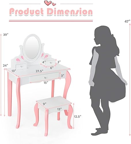 Miniatura 16 de HONEY JOY Juego de tocador y taburete para niños, juego de tocador para niños pequeños con 3 cajones, espejo ovalado giratorio de 360°, tocador de