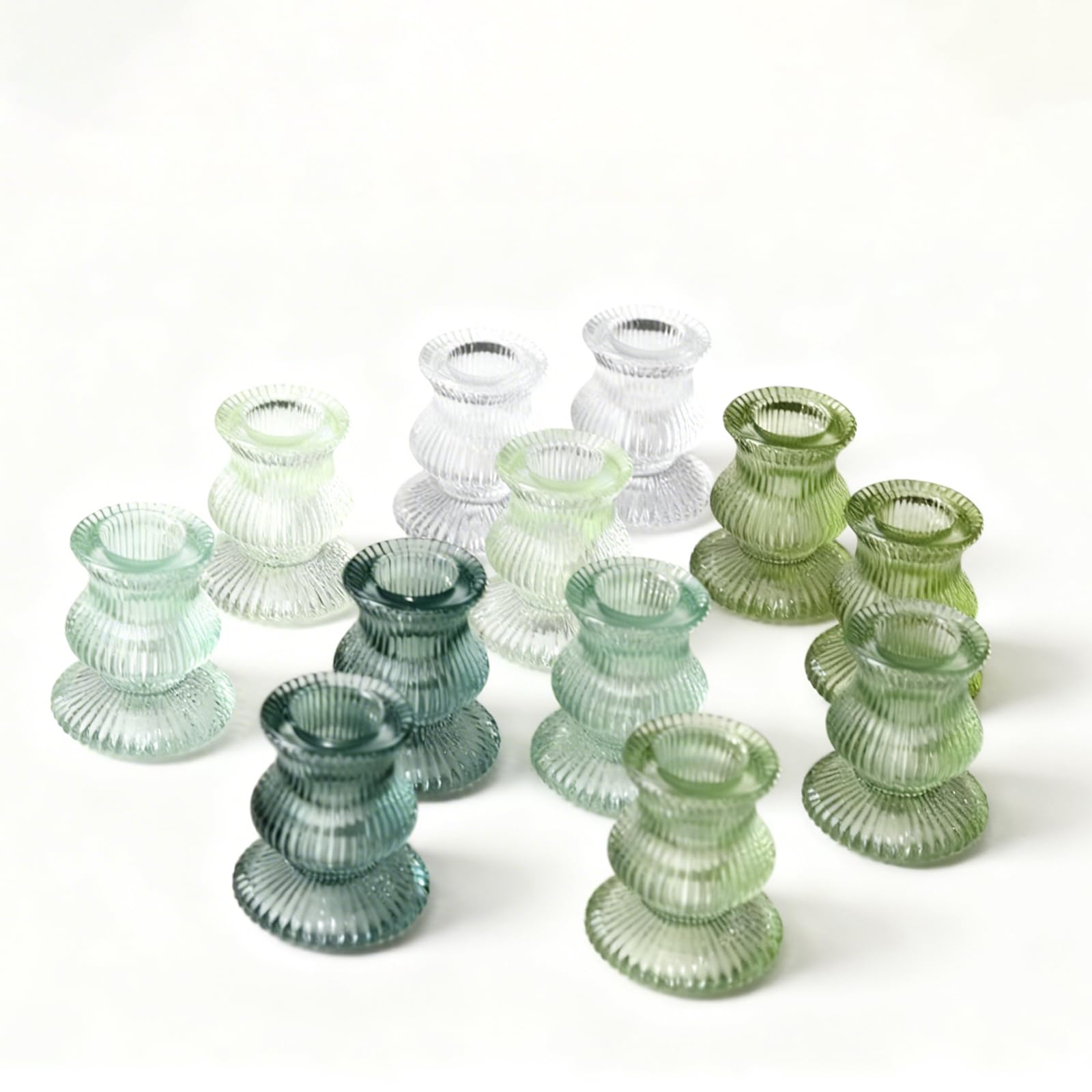 Green Glass Taper Candle Holders - Set of 12