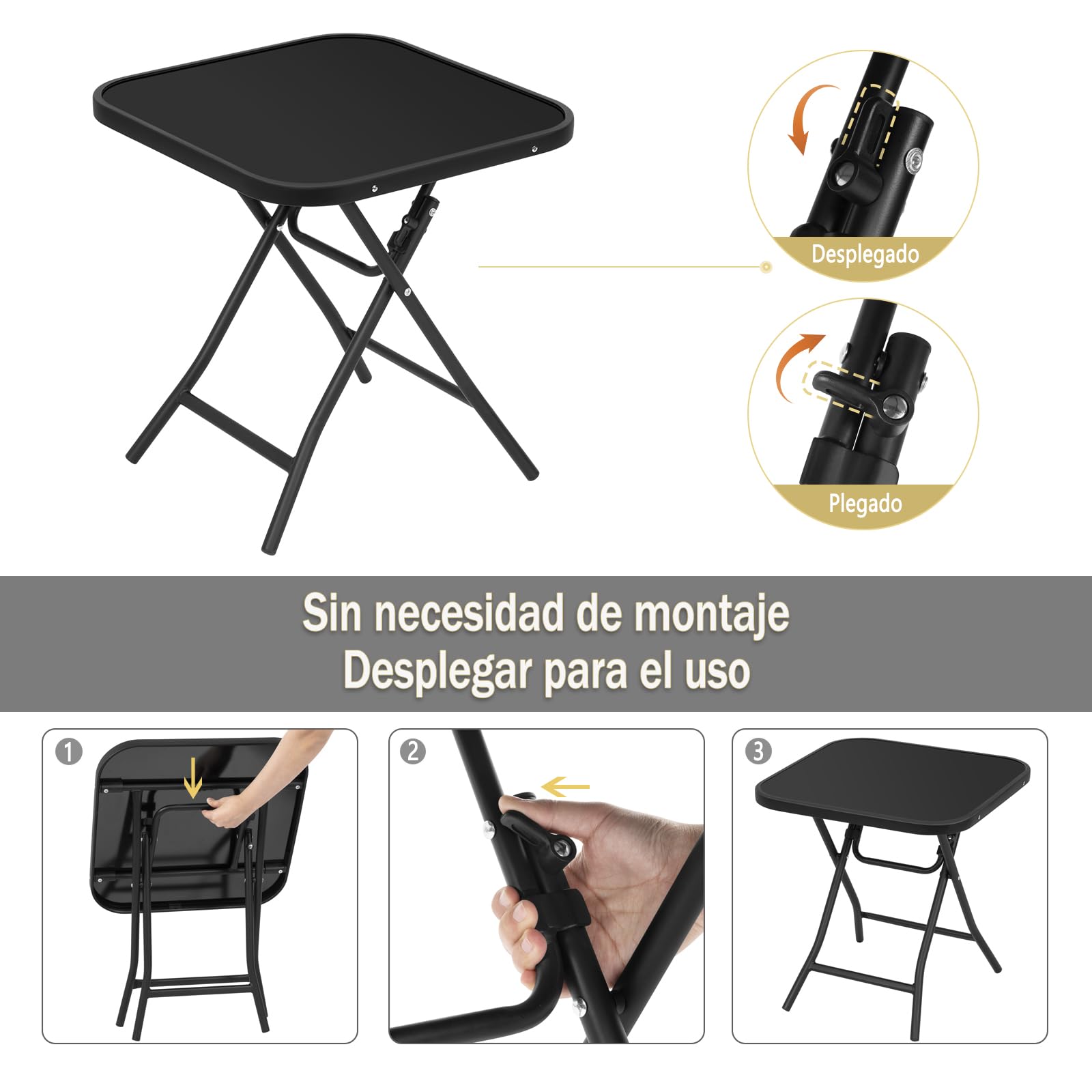 eSituro Mesa Auxiliar Plegable, Mesita de Jardin, Mesa Plegable Exterior Pequeña para Terraza, Balcón y Patio, Metal Tablero de Cristal, Cuadrada Negro 46x46x48cm
