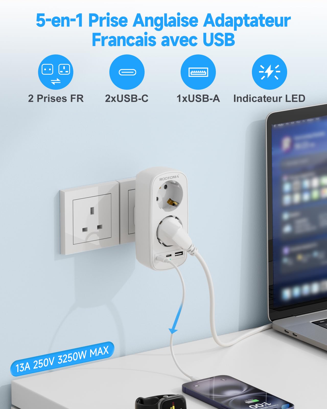 Prise Adaptateur Type G Double Prise avec 3 USB pour Angleterre, Irlande, Dubai, Maldives