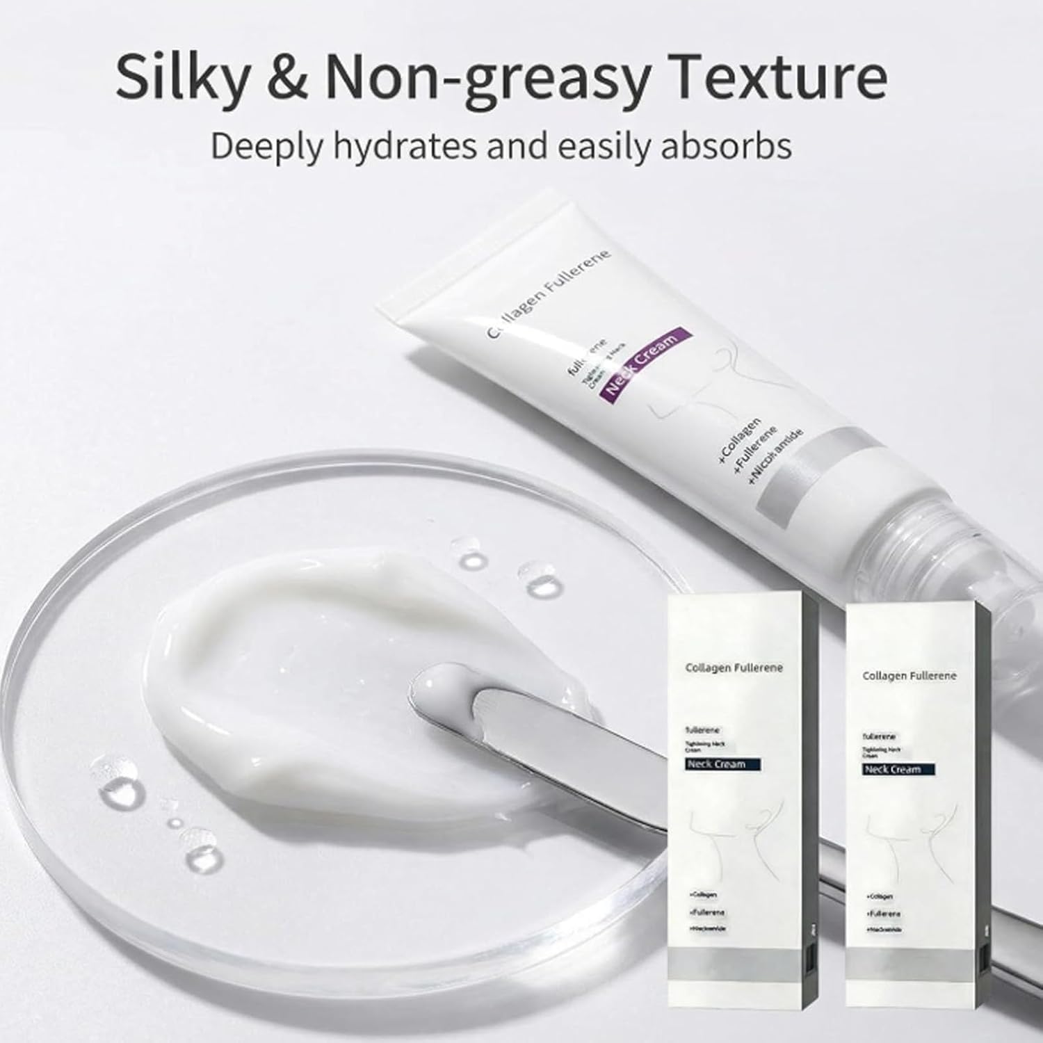 Magic Collagen Fullerene Neck Cream, Tighten and Lift Firming Neck Cream for Crepey Skin, Collagen Neck Cream with Five Rollers, Reduces Wrinkles and Double Chin (3 pcs)
