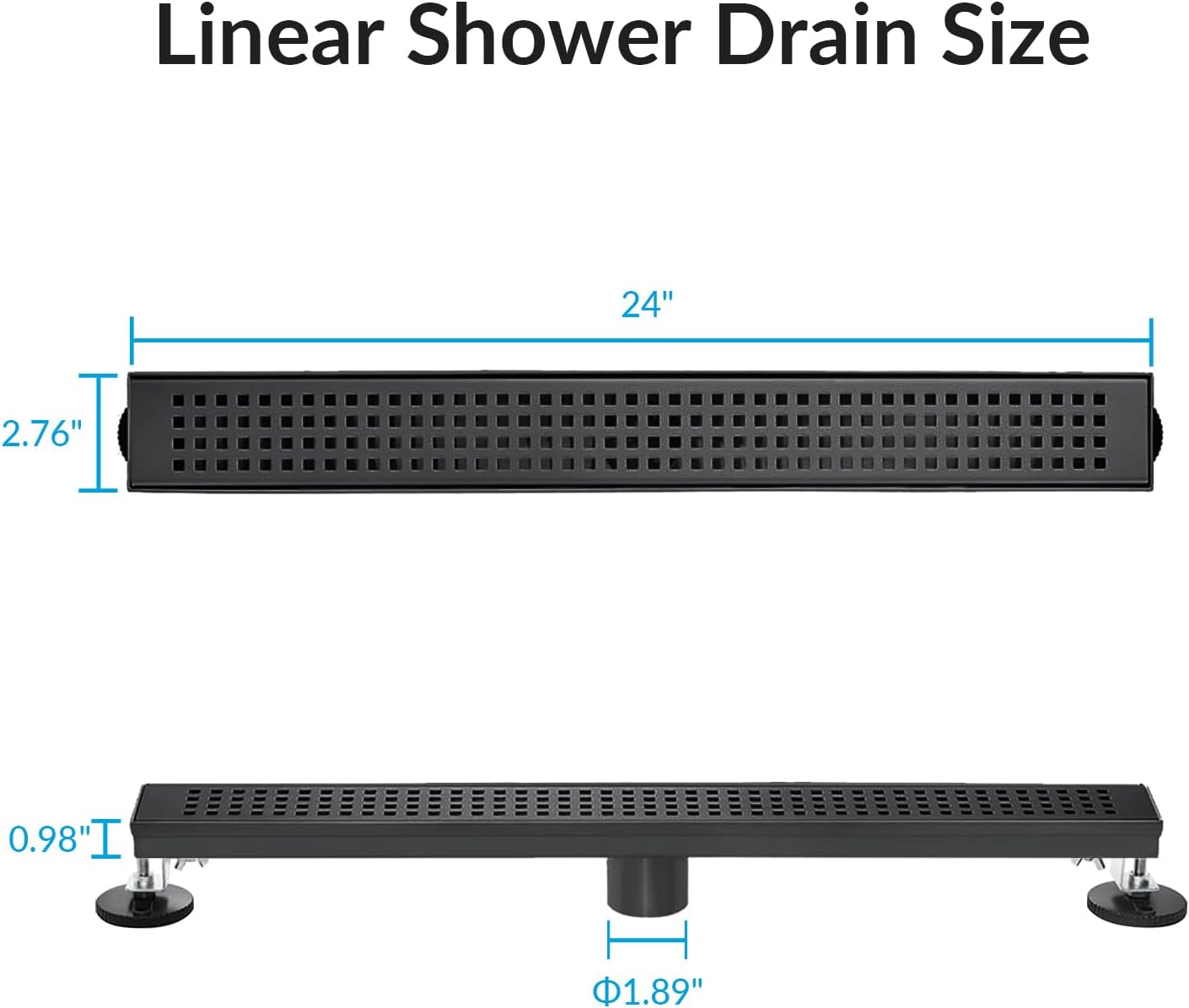 24 Inch Removable Cover Linear Shower Drain 304 Stainless Steel Rectangular Floor Drain for Kitchen Bathroom Square Hole Drain with Accessories Hair Strainer Adjustable Leveling Feet (Matte Black) Black 24 Inch