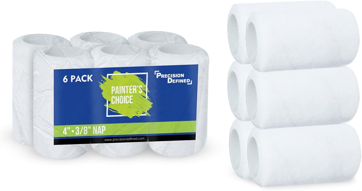 Precision Defined 4-Inch Paint Roller Covers 6-Pack Refills, 1/2 Nap Velvet | Roller for Painting on Walls, Bathrooms and Decks, Reusable, Universal 4-Inch Paint Roller Cover, Velvet and Smooth Finish