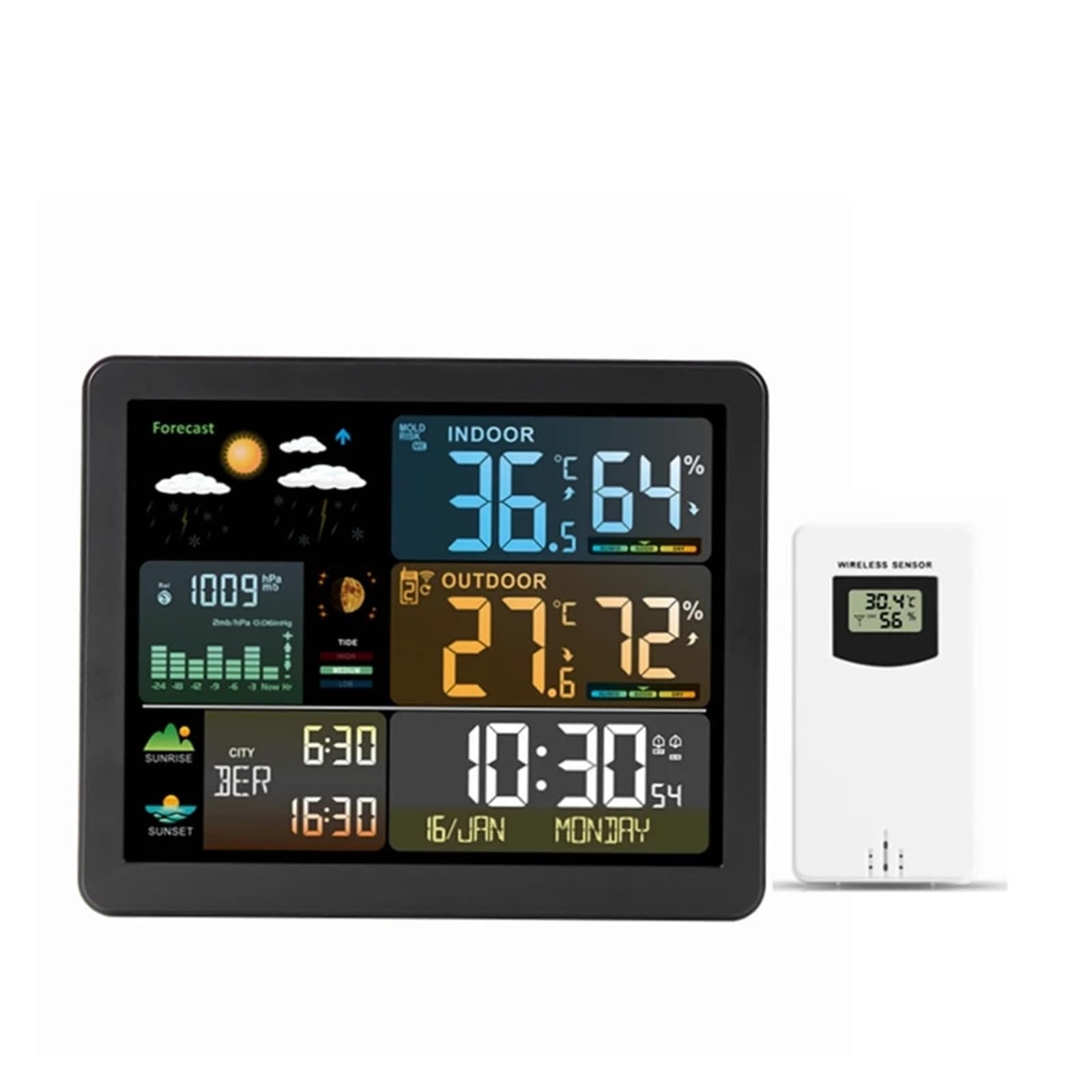 TIEOAXFT Color Weather Station Wall Dual Alarm Clock Digital Temperature Humidity Mointor Barometer Moon Phase Tide Indicator Sensor -40C