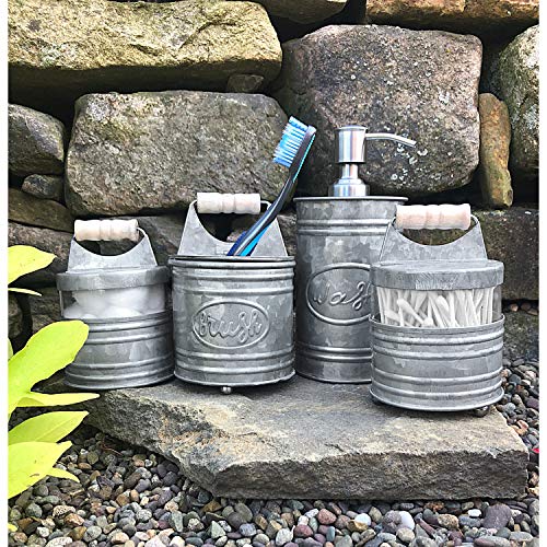 Autumn Alley Rustic Farmhouse Galvanized Bathroom Accessories Set (4 PCS) - Lotion Soap Dispenser, Toothbrush Holder, 2 Apothecary Jars (Qtip Holder) - Rustic Farmhouse Bathroom Decor