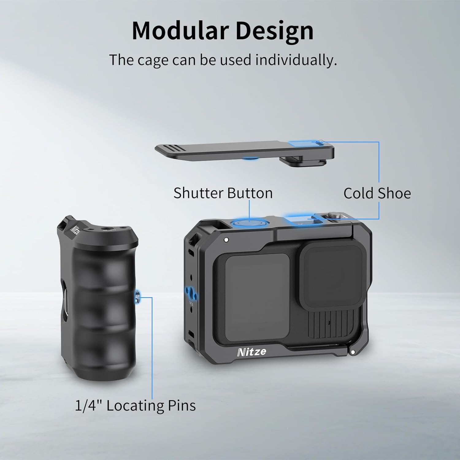 Nitze Street Snap Grip Kit for GoPro Hero 13/12/11/10/9 Black, Metal Xplorer Grip Kit with Cage, Ergonomic Street Handle, Wrist Strap and Cold Shoe Shutter Button - T-GP03B