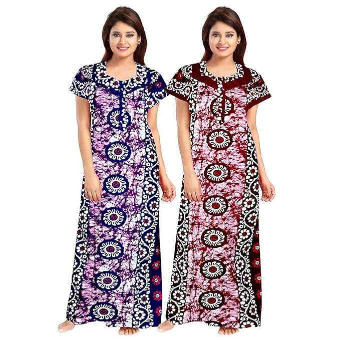 Image of Nighty for Women Cotton Printed Maxi Gown Ankle Length Nighty Night Dress Gown for Women Maxi - (Pack of 2)