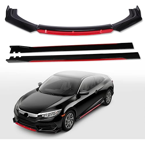 Front Bumper Lip Spoiler Splitter Lip Kit Protector + 220CM Side Skirt(Gloss Black) Wide Body Kit Compatible with Civic Accord Corolla Malibu Golf MK5 MK7 - Gloss Black,Red Tongue