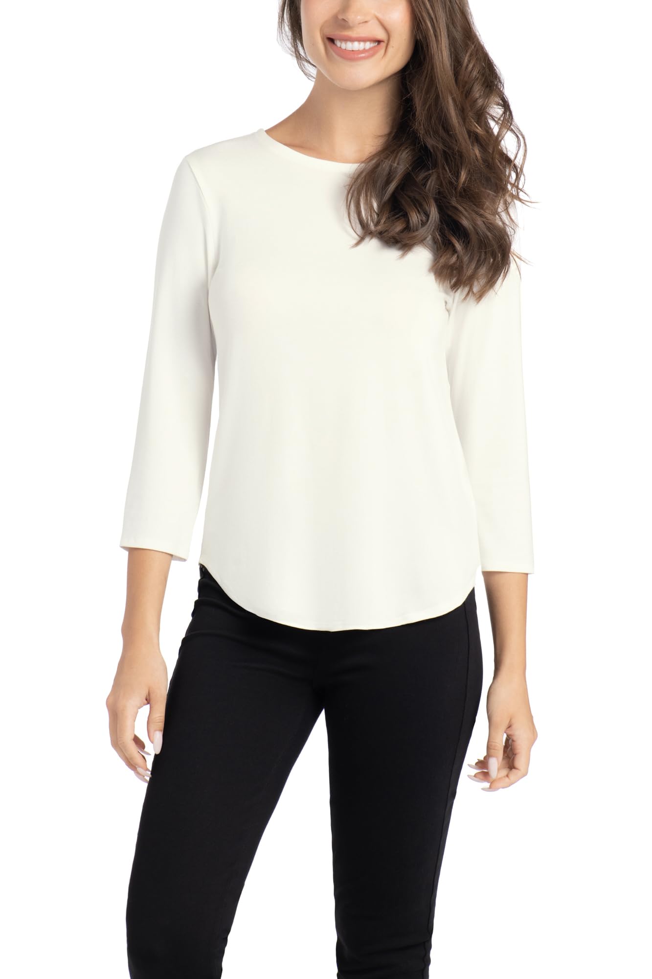 CupioWomens Basic Juliana Crepe 3/4 Sleeve Knit T-Shirt, Solid Shirttail Hem
