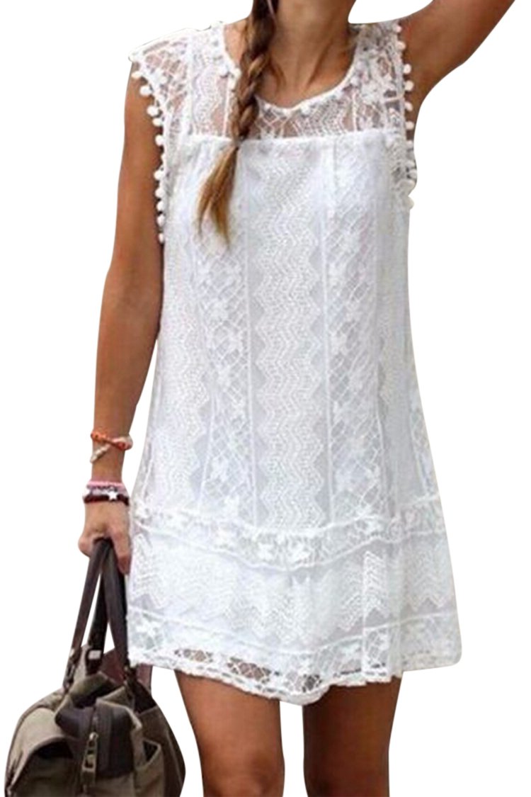 Carprinass Womens Roundneck Casual White Top Lace Sleeveless Club Dress,X-Large,White