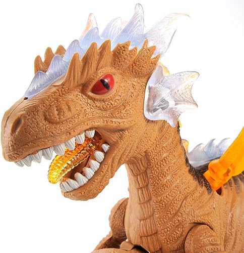 Miniatura 3 de PowerTRC Juguete de dinosaurio realista para caminar y rugir con alas móviles, sonidos y luces (marrón)