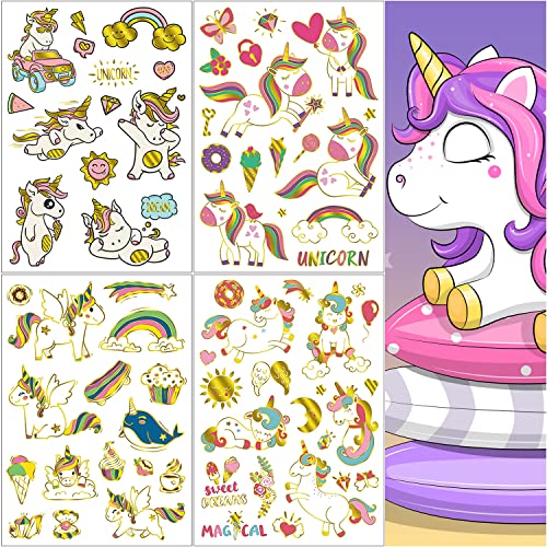 Tatuaggi per Bambini 4 Fogli Tatuaggi Temporanei Bambini Oro Unicorn Tatuaggi Illuminano al Buio per Bambini Tattoo Finti, Regalini Fine Festa Compleanno per Bambini e Bambine