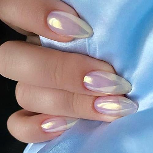 GLAMERMAID Chrome Press On Nails Short Almond, White Pearl Handmade