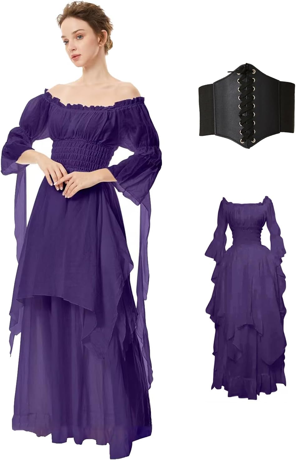 BITSEACOCO Women Medieval Victorian Off Shoulder Dress, Irish Chemise Costume Renaissance Faire Fairy Long Dress