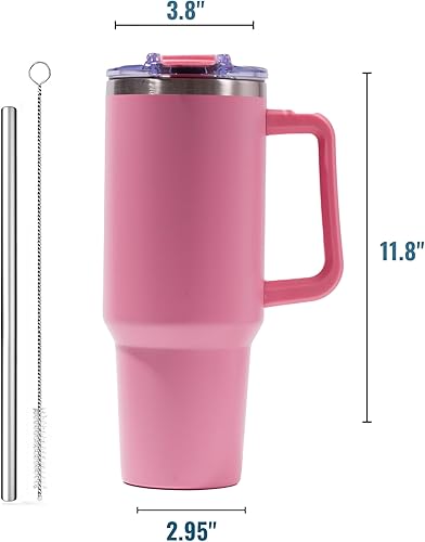 Miniatura 6 de LEHA - Vaso de 40 onzas con asa y popote de metal, aislado al vacío con tapa Stronghold, hecho de acero inoxidable, mantiene las bebidas frías