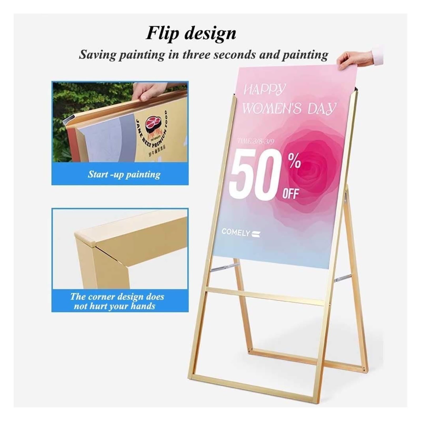 Letrero con marco A, tablero de sándwich resistente, soporte para póster de acera, portátil, plegable, marco en A, para exhibición de carteles publicitarios