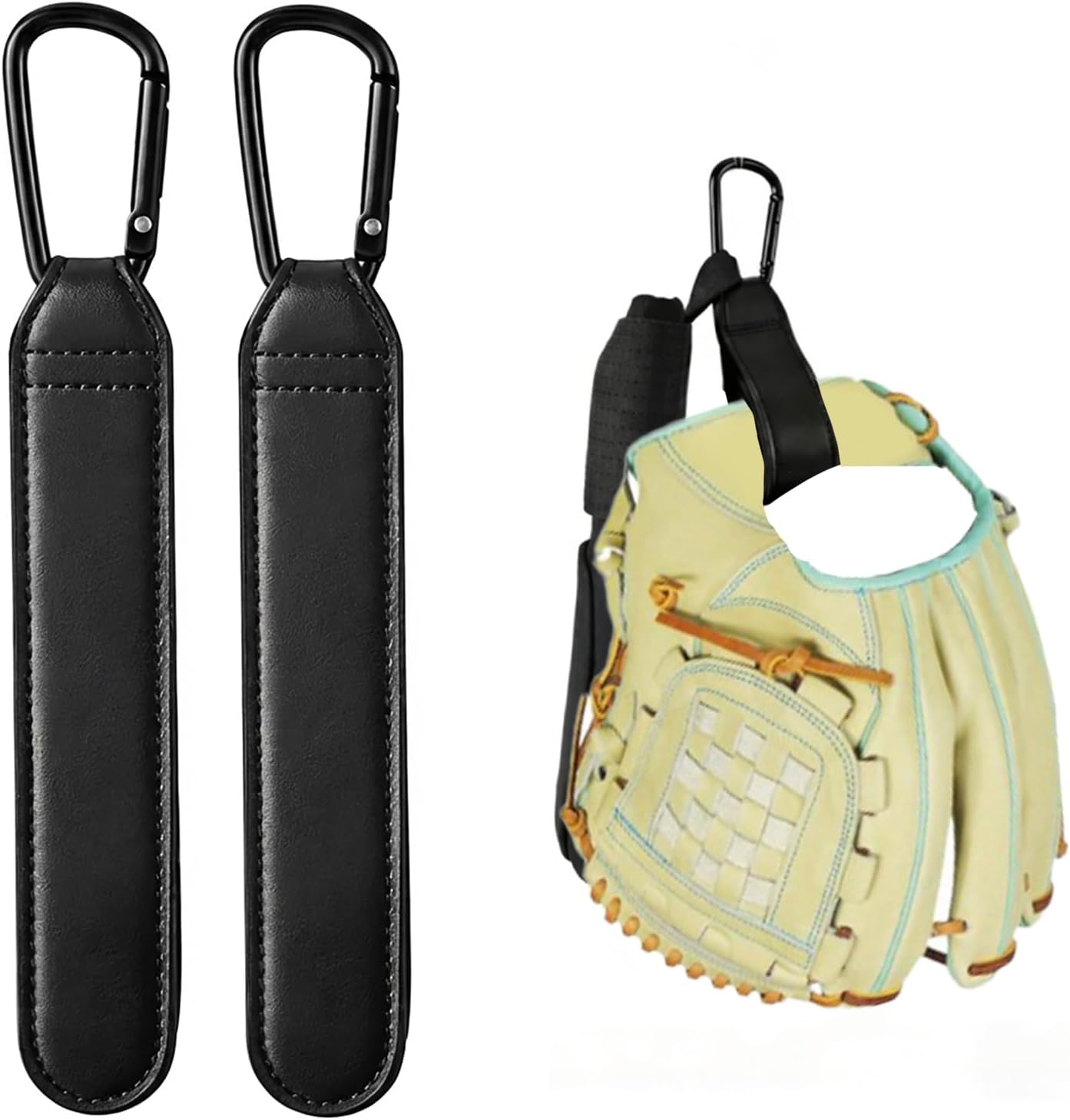 2 Pack Baseball Glove Hook for Backpack, Heavy Duty PU Leather Stroller Hook for Stroller & Car Seat, Universal Carabiner Clip for Bags, Sports Equipment Hanger for Sunglasses Keys Water Bottle