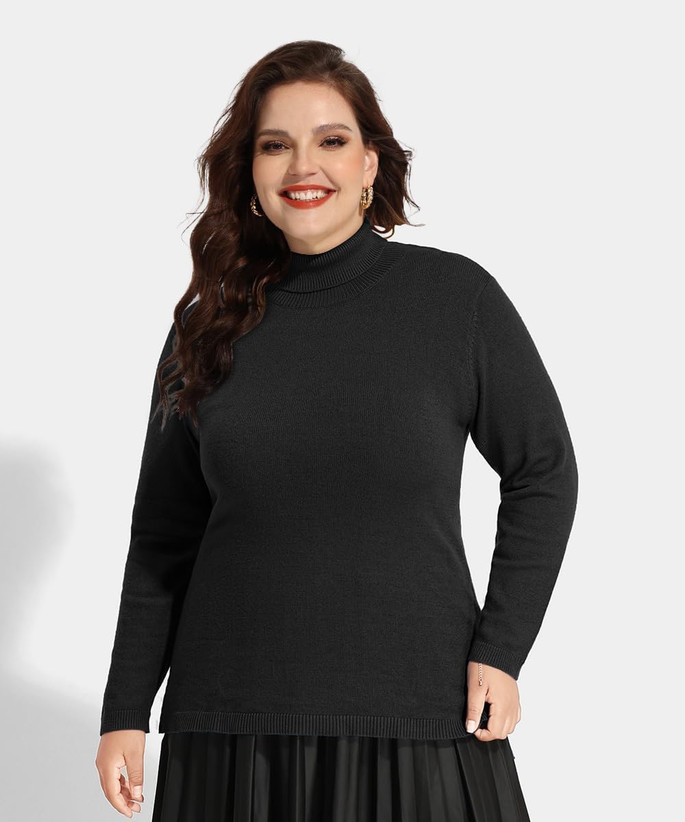 CARCOS Plus Size Sweaters for Women Solid Turtleneck Sweater Long Sleeve Pullover Tops Casual Split Hem Knit Shirts - Image 2