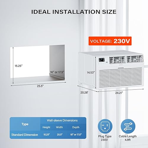 Miniatura 6 de ROVSUN Aire acondicionado a través de la pared de 12000 BTU con control remoto, unidad de CA de pared 4 en 1, calentador, deshumidificador y