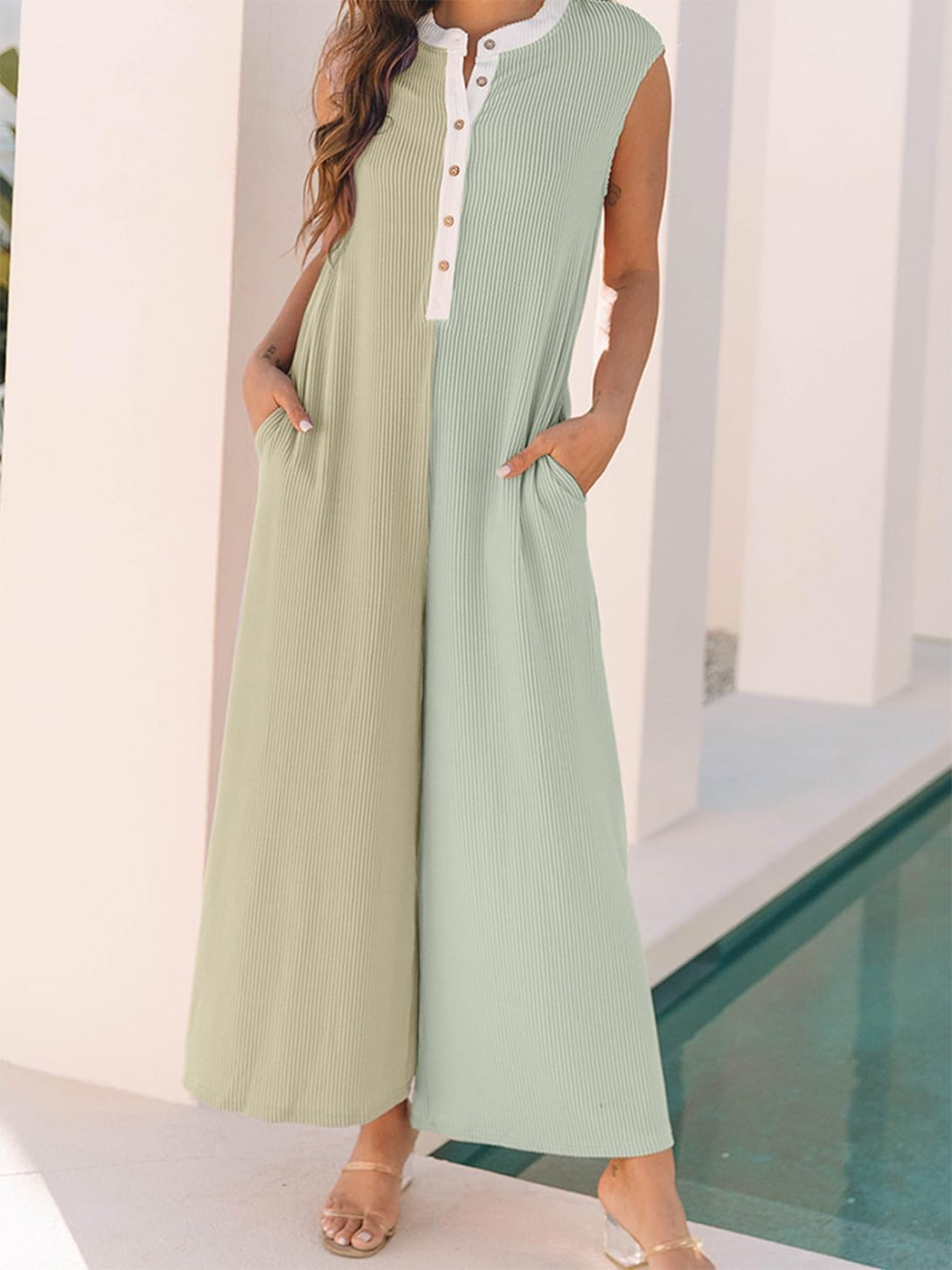 chouyatou Women's 2025 Color Block Sleeveless Baggy Overalls Button Up Wide Leg Romper Jumpsuit Pants