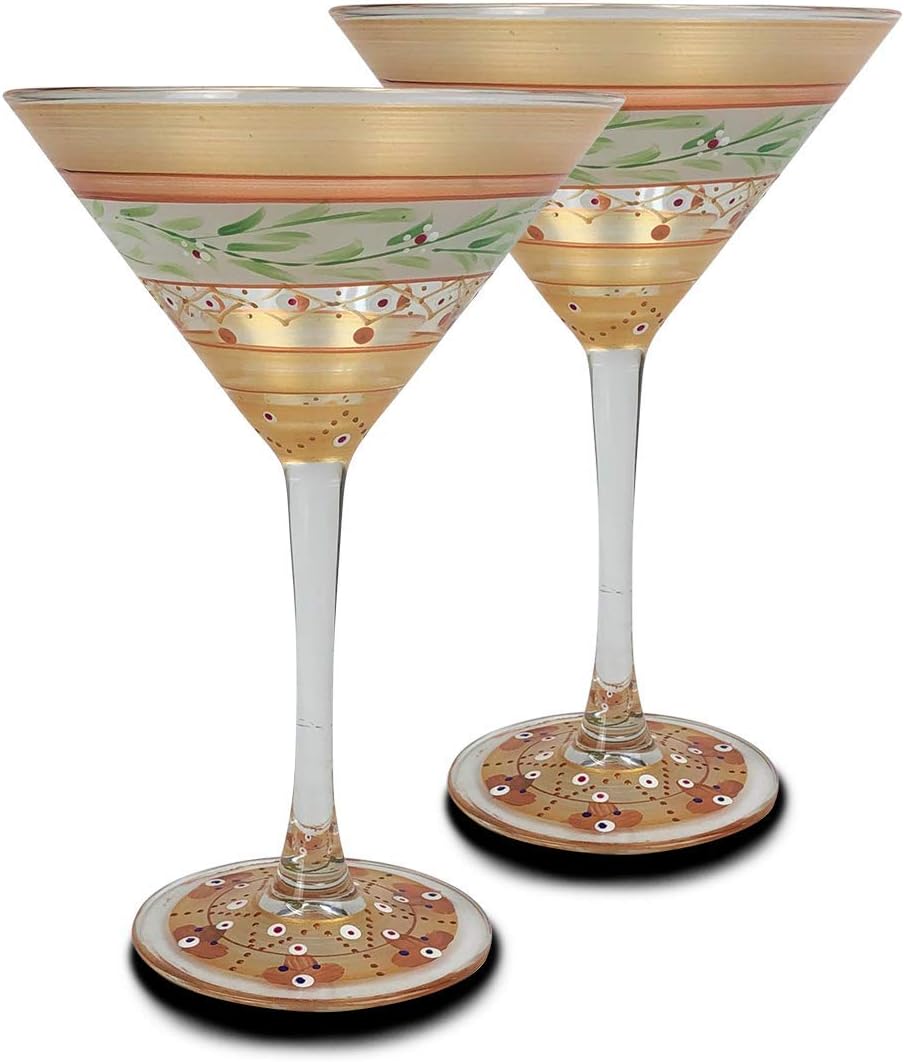 Hand Painted Martini Glasses Set of 2 - Moroccan Mosaic Gold Garland Collection - Hand Painted Glassware by USA Artists - Unique and Decorative Martini Glasses, Kitchen Table Déco