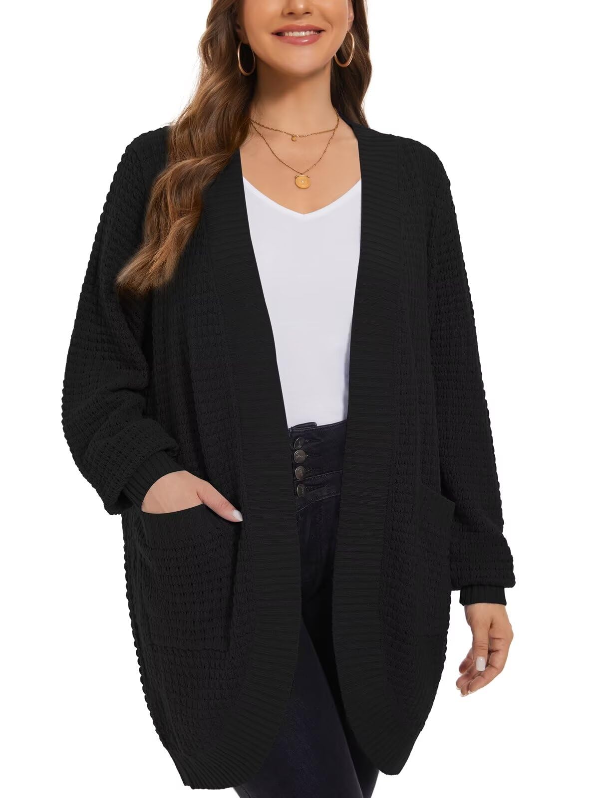 Long Cardigans for Women Plus Size Tops Open Front Sweaters with Pockets Waffle Ribbed Sleeve Loose Fall Outwear