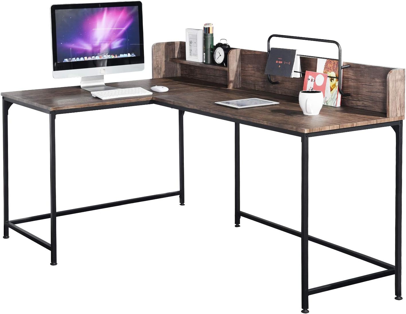 GreenForest L Shaped Corner Desk, Industrial Style Large Desktop Computer Gaming Desk for Home Office, Walnut