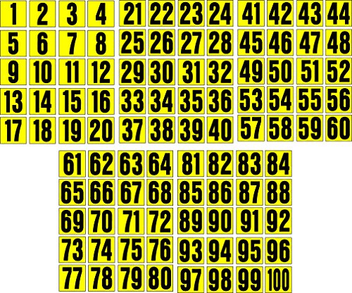 1/2 INCH CONSECUTIVE NUMBER DECALS/STICKERS 1-100 BLACK ON YELLOW