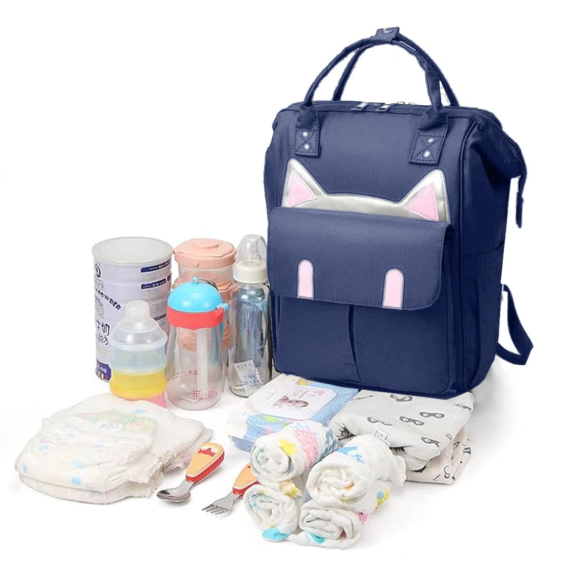 BabyMoon Mother Diaper Bag Lightweight Multifunctional Travel Unisex Diaper Backpack | Blue Kitty-image-29