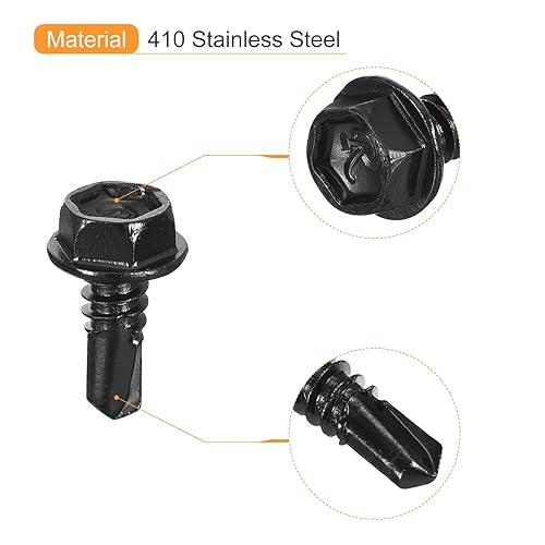 Miniatura 4 de uxcell Tornillos autoperforantes con cabeza hexagonal de 34 pulgadas, 100 tornillos autorroscantes de chapa de acero inoxidable 410 para metal y