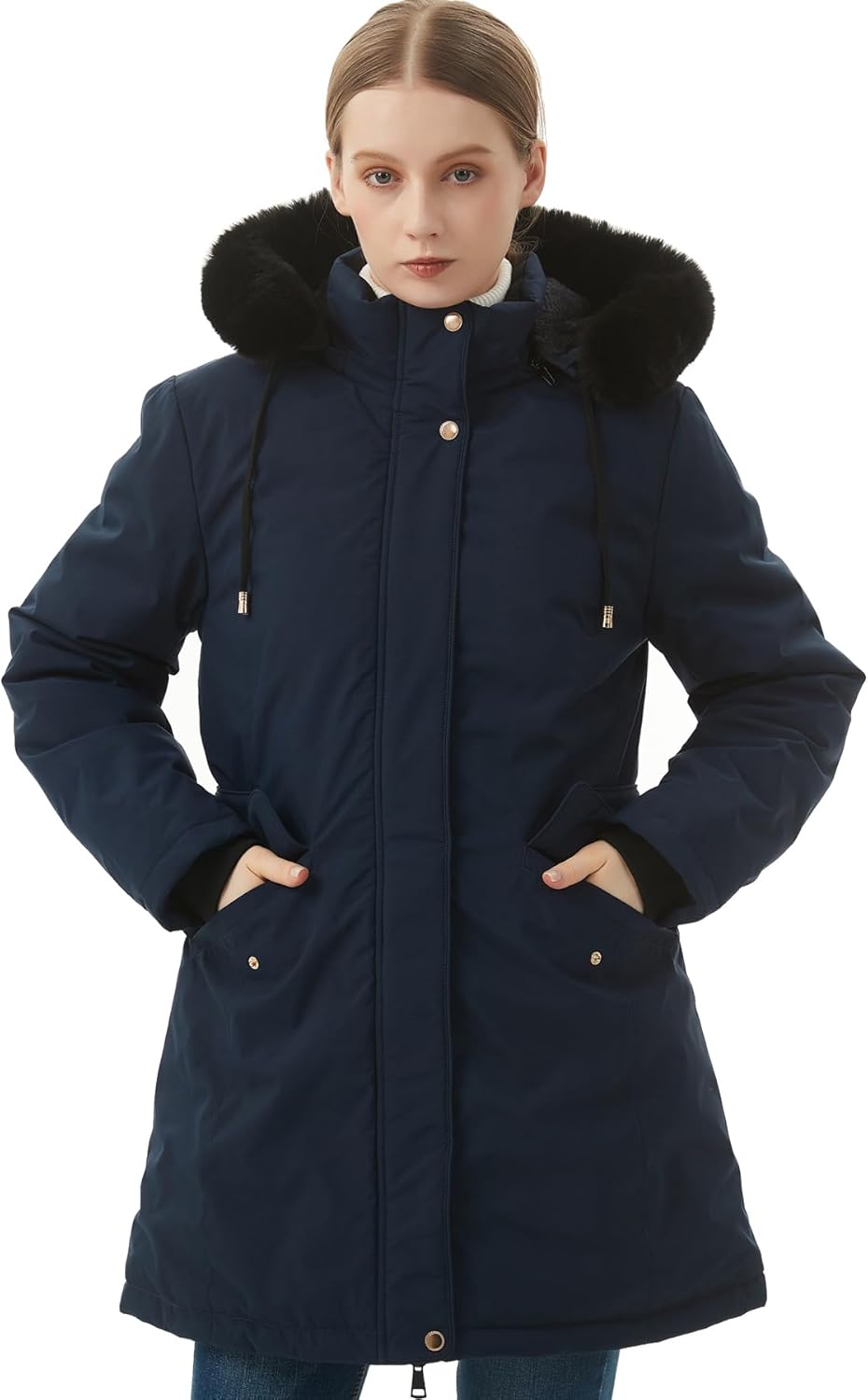 MOERDENG Women's Long Winter Down Coat Thicken Fleece Lined Parka Warm Puffer Jacket With Faux Fur Detachable Hood