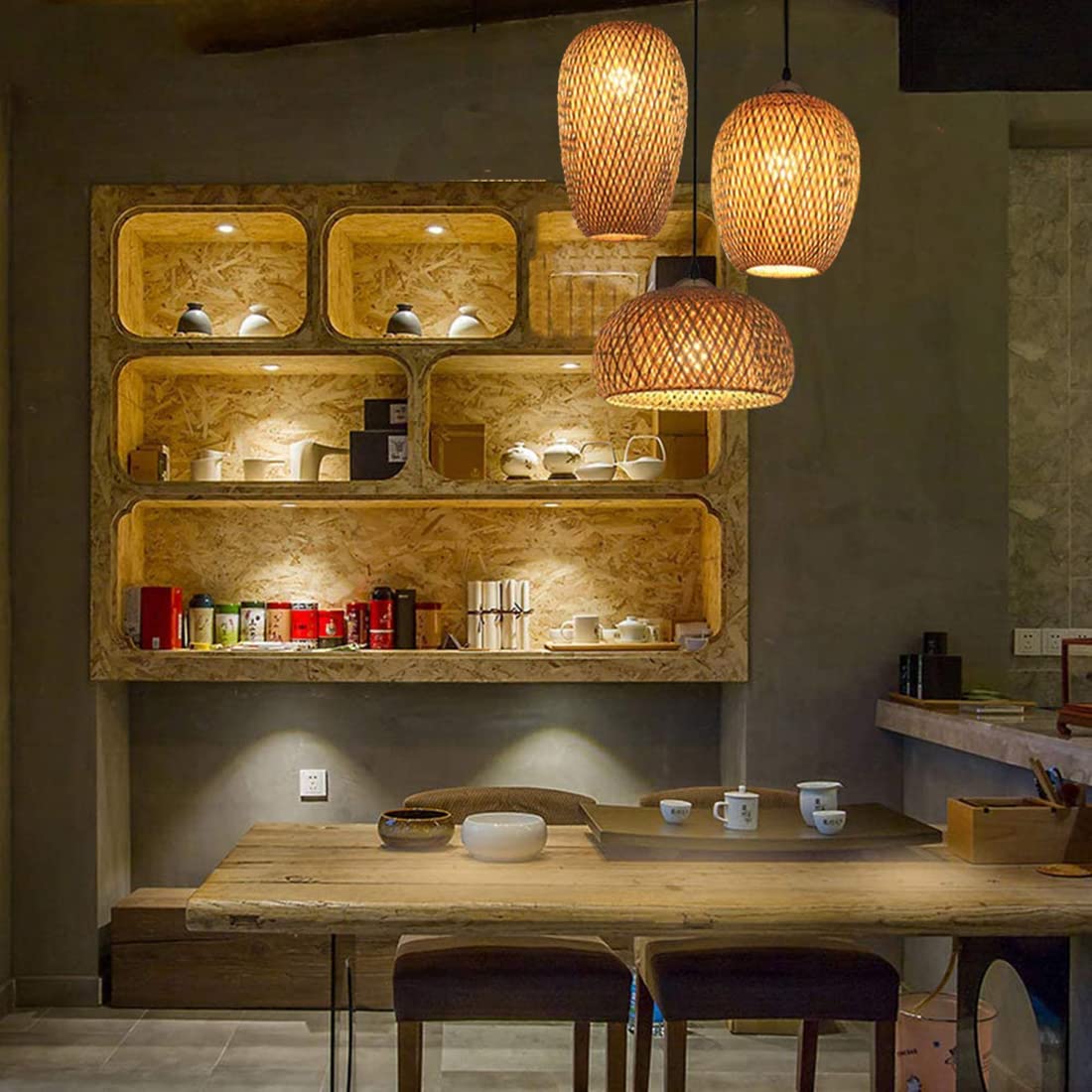 AOODU Rustic Rattan Pendant Light Fixture Farmhouse Bamboo Pendant Lighting fixtures 3-Lights Wicker lamp Shade Basket Woven Chandelier Living Room bar Dining Room Ceiling Hanging Light ,E26