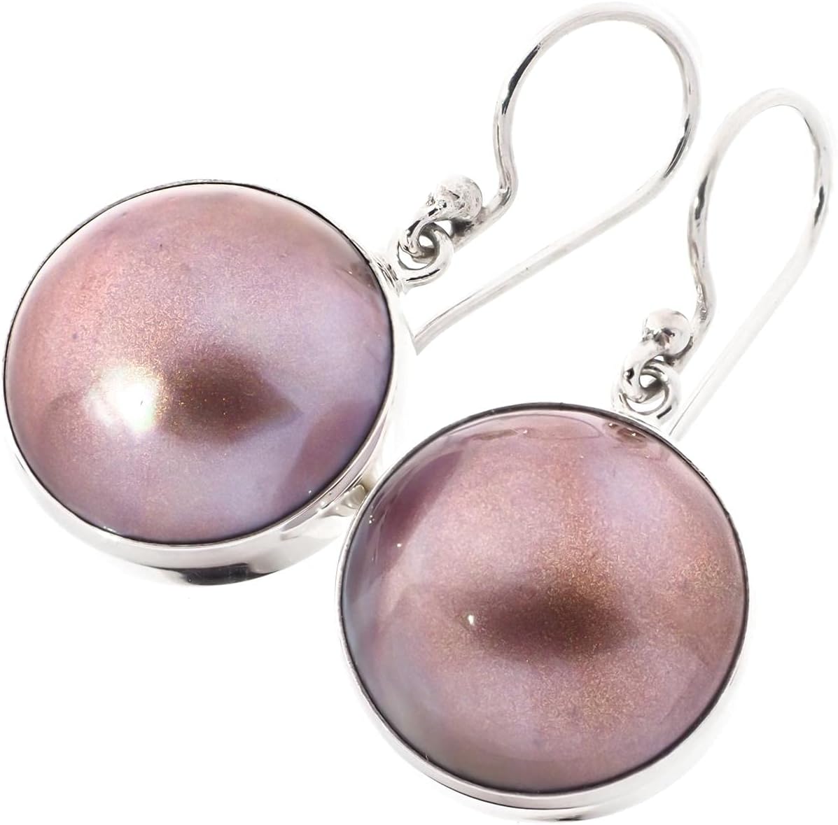 Big Round Copper-tone Lavender Mabe Cultured Pearl 925 Sterling Silver Earrings, 11/16"