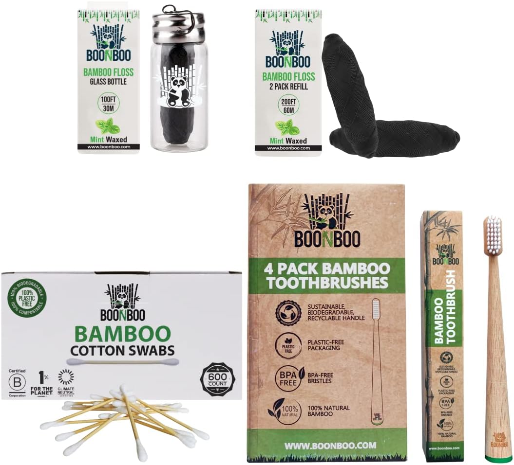 BOONBOO Bamboo Charcoal Dental Floss + 2pcs Refill + 600ct Cotton Swabs + Toothbrushes