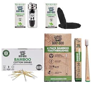 BOONBOO Bamboo Charcoal Dental Floss 2pcs Refill 600ct Cotton Swabs Toothbrushes