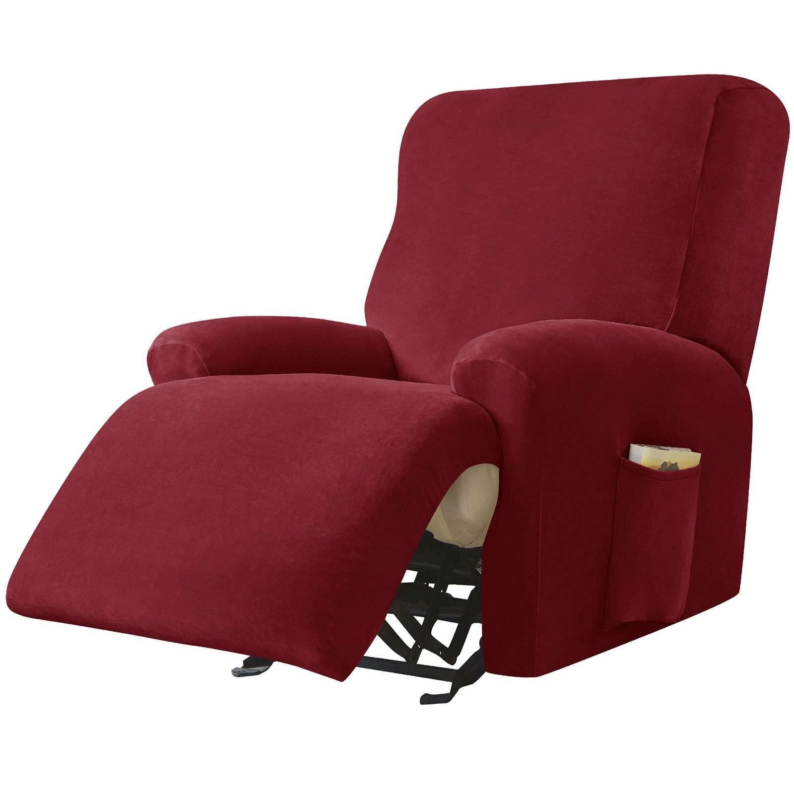 Housse de Fauteuil inclinable en Velours Extensible, 4 pièces, Housse de Protection Souple et antidérapante avec Poche latérale, for Salon, Couleur foncée(Wine Red)