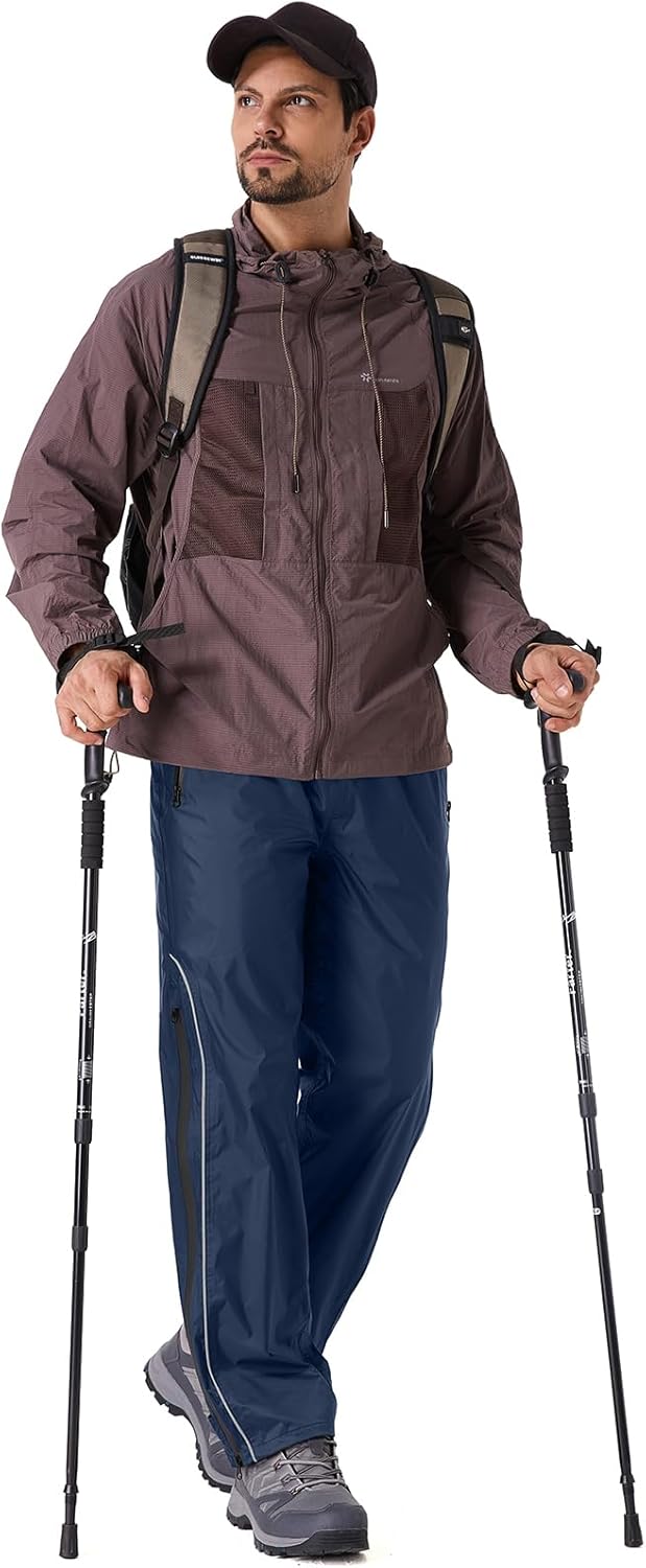 Men's Rain Pants Full Zip Waterproof Rain Over Trousers Lightweight Windproof for Outdoor Hiking Golf Work
