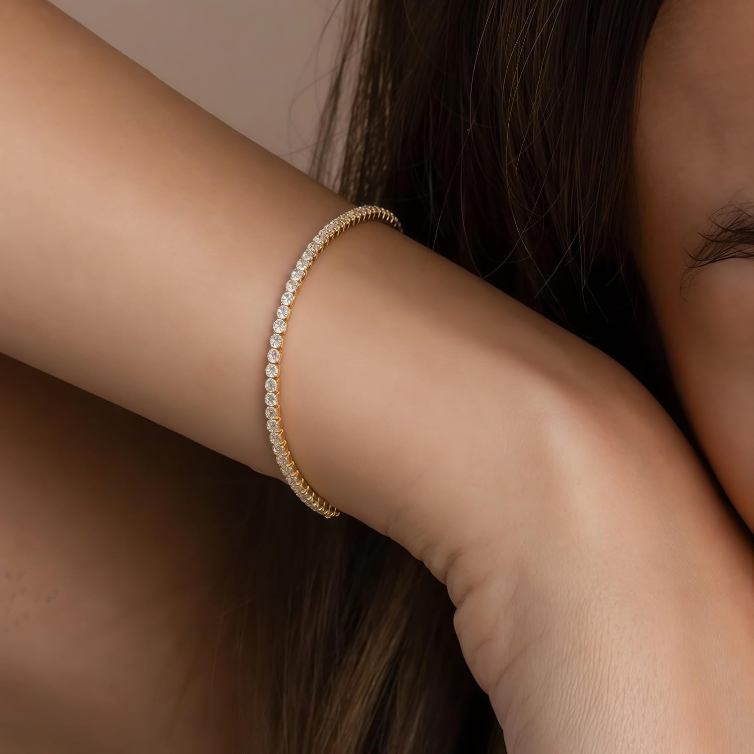 Dainty Tennis Bracelets for Women Adjustable18K Gold Plated Cubic Zirconia Sparkly Diamond Charm Bracelet Simple Elegant Wedding Prom Stainless Steel BraceletsTrendy Jewelry