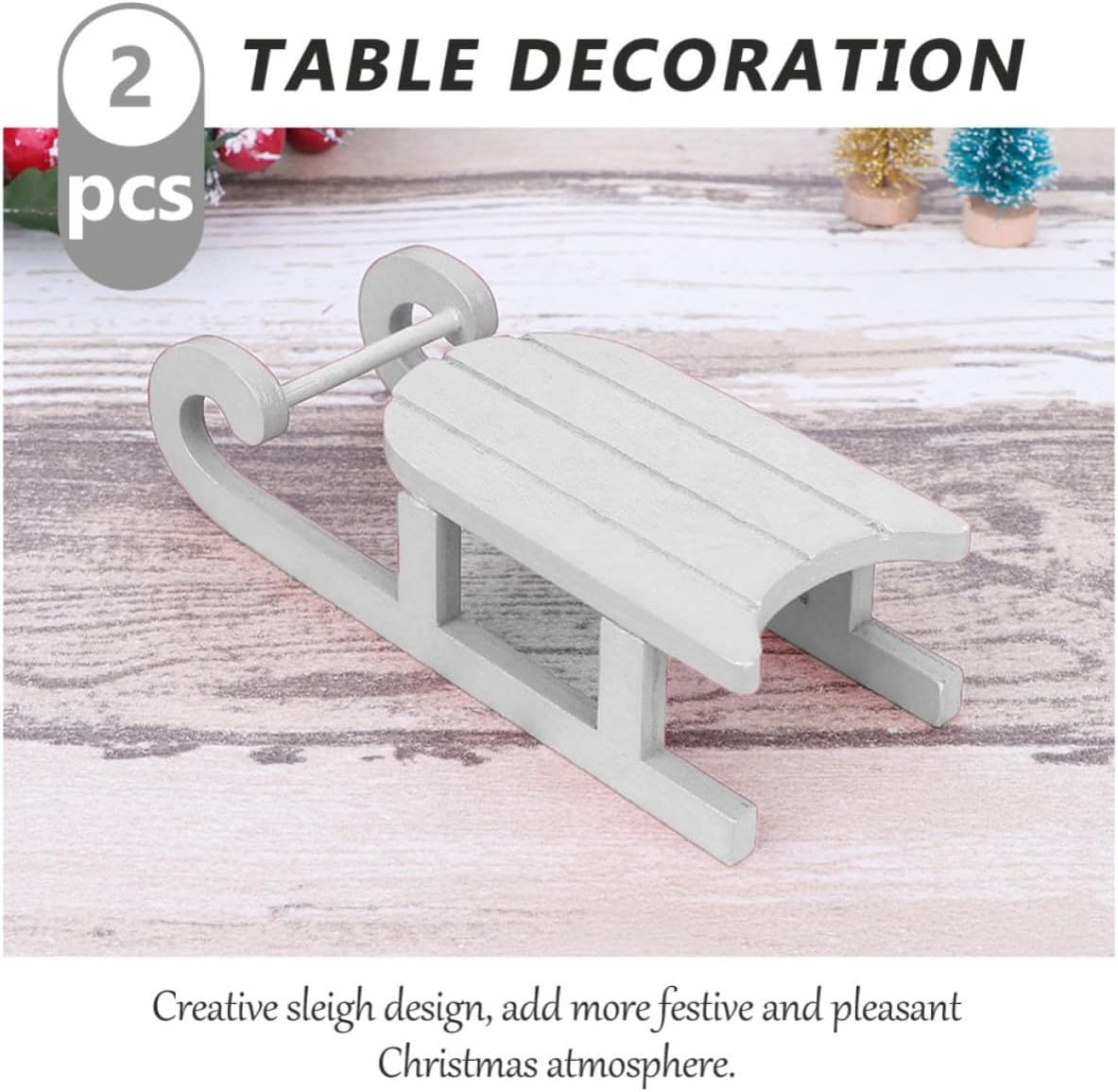 2pcs Wooden Sled Christmas Ornament for Home Kitchen White Decorative