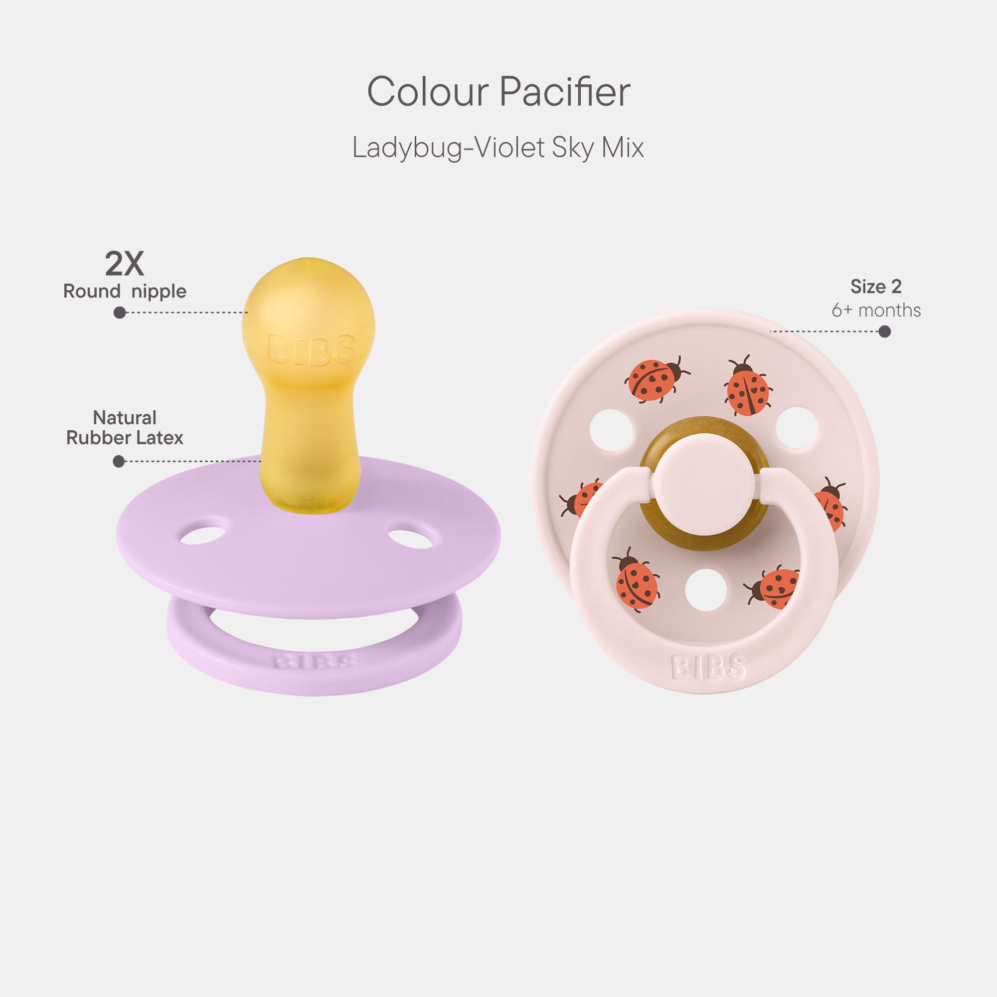 BIBS Colour Studio Soother 2-Pack, BPA Free Dummy Pacifier, Round Nipple. Natural Rubber Latex, Made in Denmark, Size 2 (6-18 Months), Violet Sky/Petal — view 2