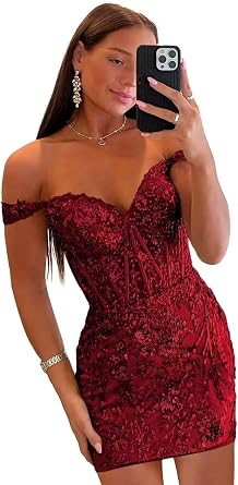 Short Homecoming Dresses for Teens Sparkly Sequin Lace Off the Shoulder Cocktail Party Dress