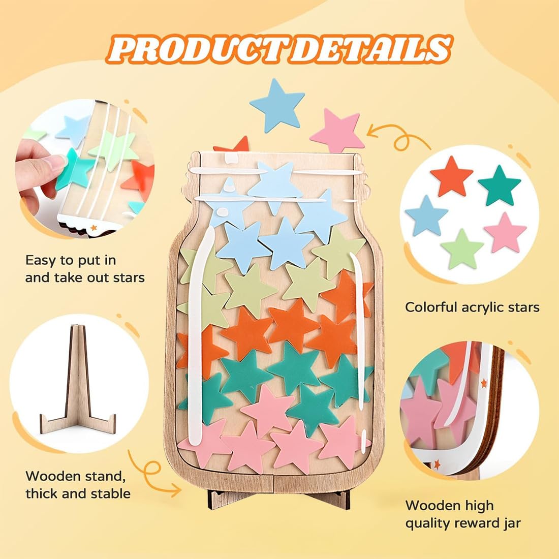 Barattolo delle Ricompense per Bambini CATOR, Barattolo di Stelle in Legno con 25 Stelle, Sistema Ricompense per Bambini e Bambine Routine Quotidiana, Reward Jar