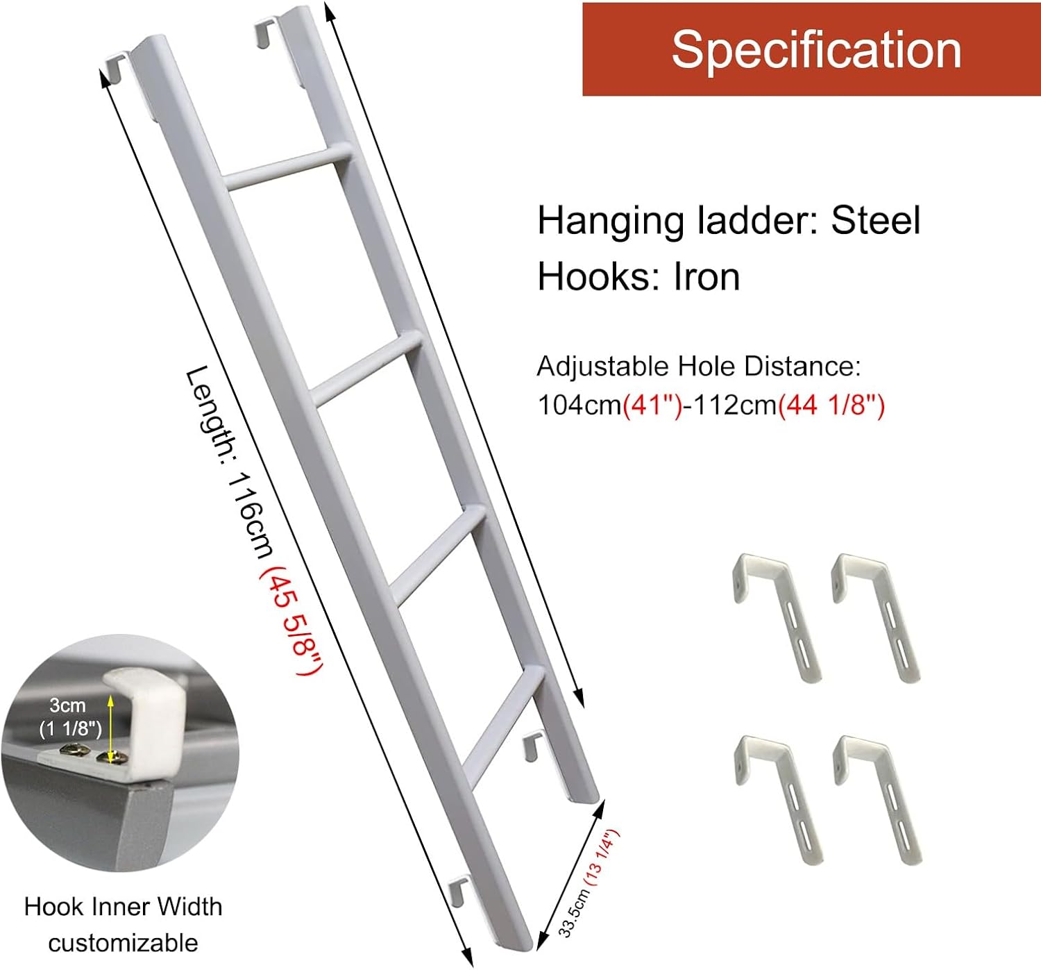 White Twin Bed Step Ladder, Heavy Duty Dorm Bedroom Attic Bunk Bed Side Decoration Ladder, Space-Saving RV Bunk Ladder, Load Capacity 440lbs (Size : 116cm(45"))