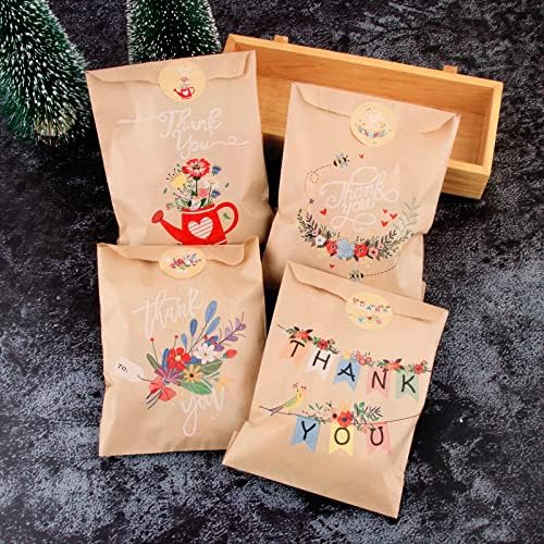 100pcs Small Paper Bags for Sweet with Thank You Stickers Recyclable Mini Treat Candy Kraft Paper Party Bags with Colourful Flower Design 5x7inches for Birthday Wedding