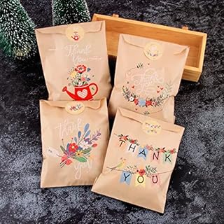 100pcs Small Paper Bags for Sweet with Thank You Stickers Recyclable Mini Treat Candy Kraft Paper Party Bags with Colourful Flower Design 5x7inches for Birthday Wedding