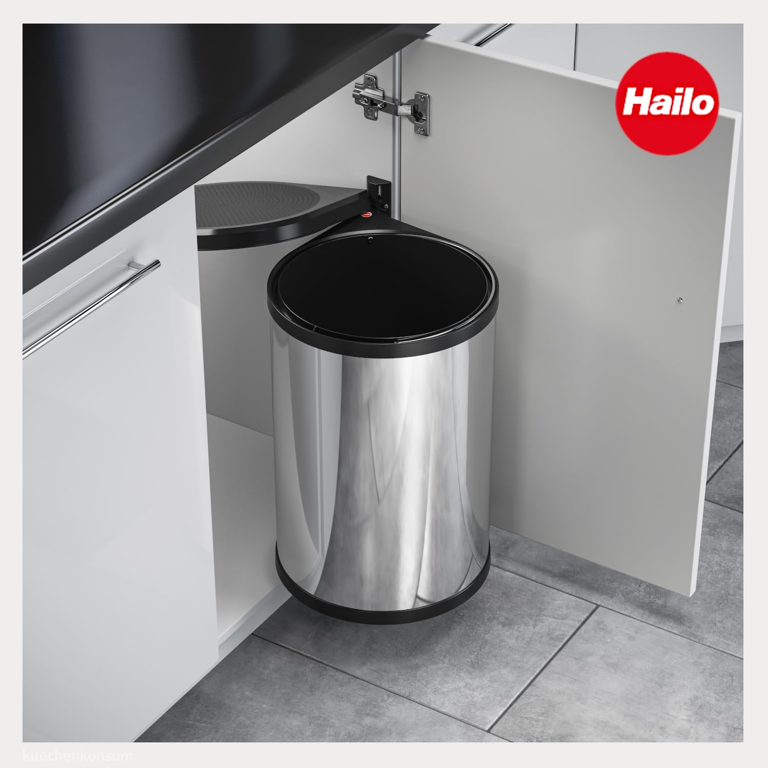 Hailo Collecteur de déchets 3520001 MO Mono 20 litres inox poli | Poubelle encastrable pivotante | Couvercle automatique pivotant et basculant | Pour armoire basse à partir de 40 cm | Hygiénique et