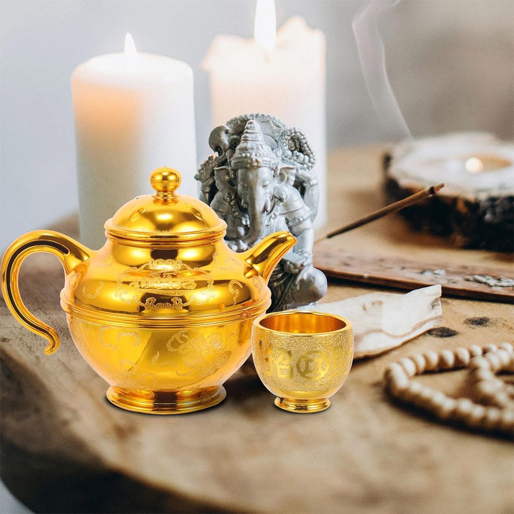 VOSAREA Sand Gold Teapot Flat Cup Set for Temple Offering Holy Water Buddhist Worship Tea Cups Decorative Offering Cups for Household and Religious Use